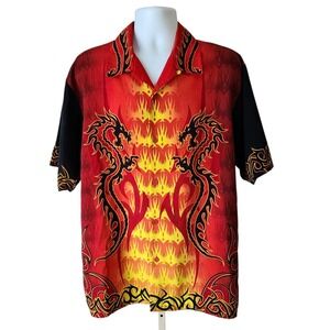 Vintage Y2K Dragon Flame Button Front Shirt Men's Large Fire Graphic Punk Grunge